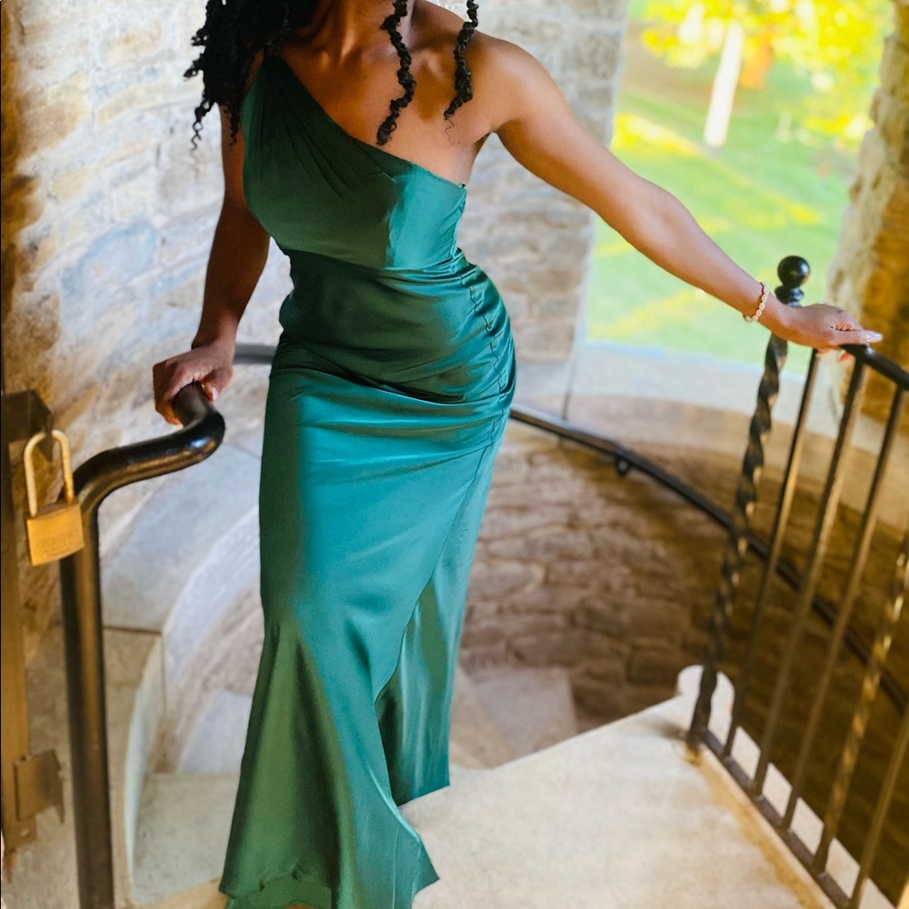 Mac Duggal One Shoulder Emerald Green Satin Dress